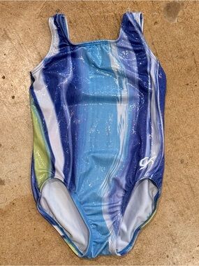 GK Elite blue watercolor printed gymnastics leotard CM